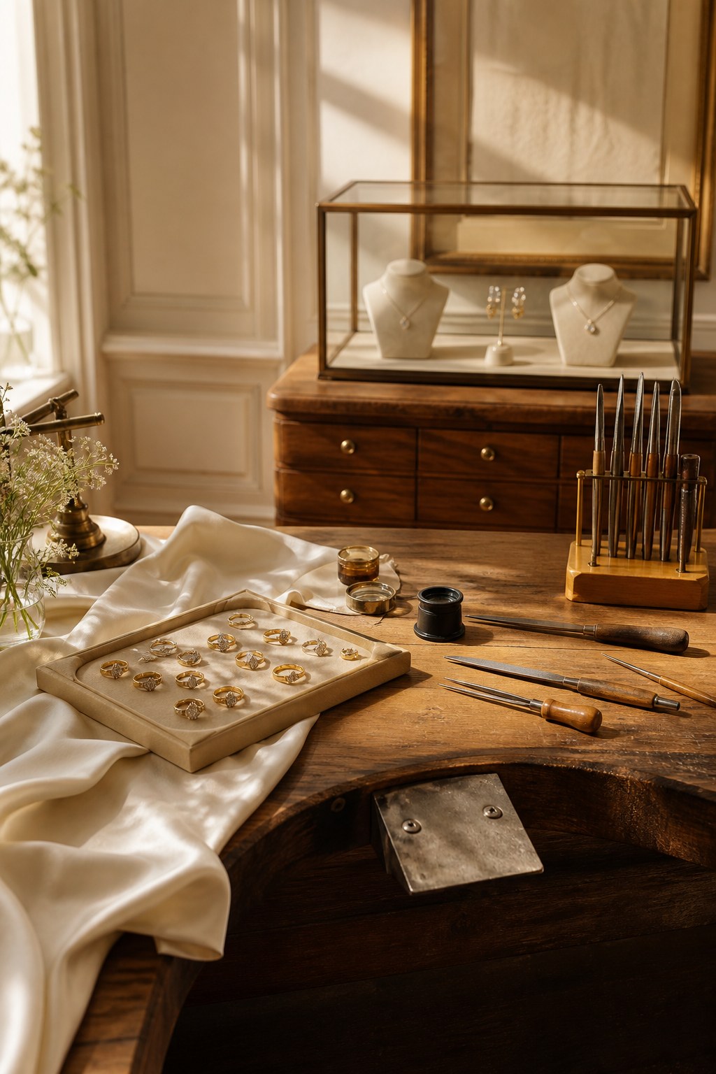 A jeweller setting a diamond in the AURÉLLE atelier